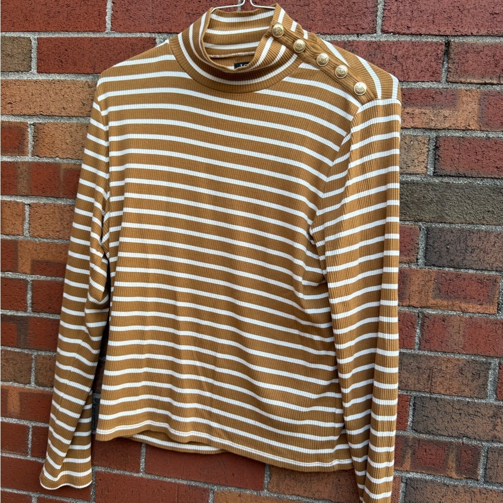 J.Crew Striped Mock Neck Button Shoulder Top Women’s XL Mustard/White